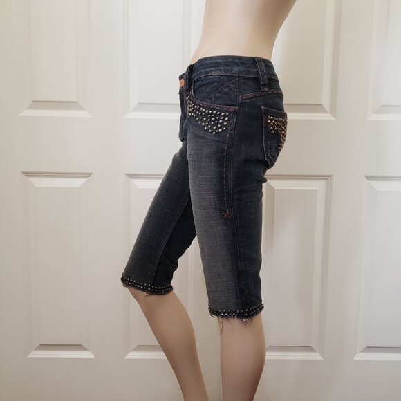 Y2K Antik Denim Grunge Embroidered Studded Capri Jeans SZ 27 - Picture 3 of 10